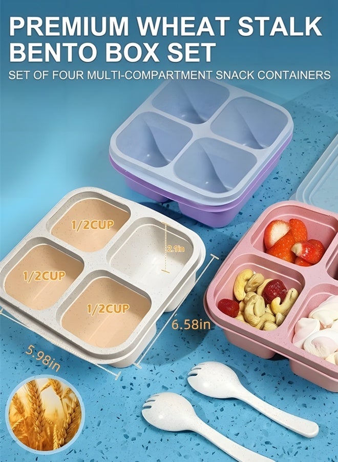 Beauenty 4 Pcs Bento Lunch Box, Food-Grade Wheat Straw PP 4-Compartment Bento Box, Reusable Snack Box for Adults and Kids, Meal Prep Containers for School, Work, Travel, Freezer and Dishwasher Safe - Image 2