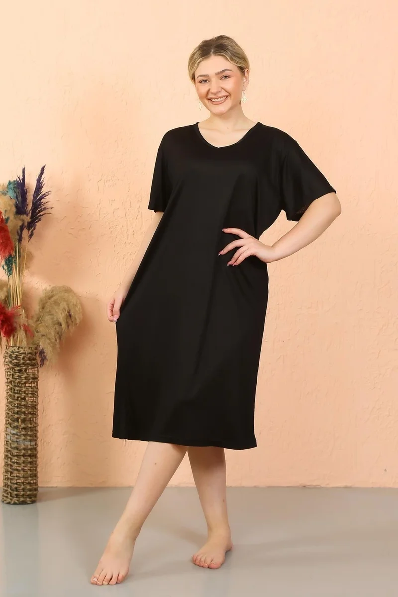 Akbeniz Women's Short Sleeve Below Knee Over Size Black Home Dress - Nightgown 93410