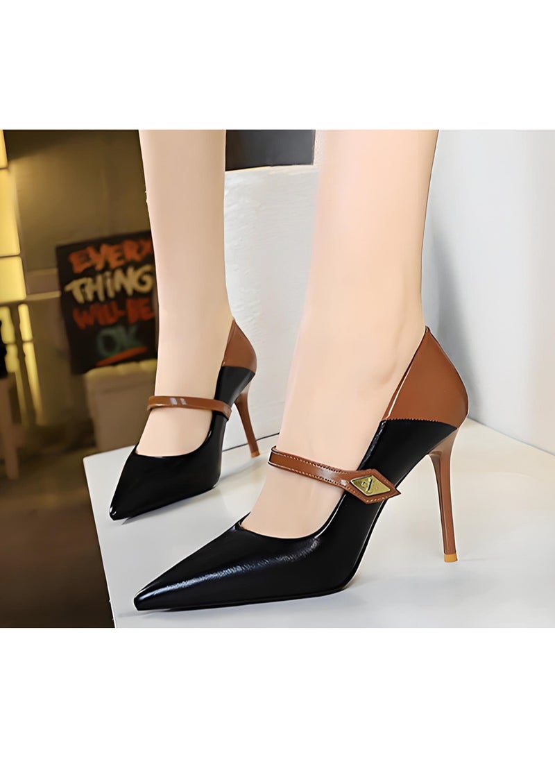 بيج تري المضخات النسائية مغلقة أشارت إصبع القدم الكعب العالي الحزب فستان الأحذية الأسود / البني 10CM - Image 3