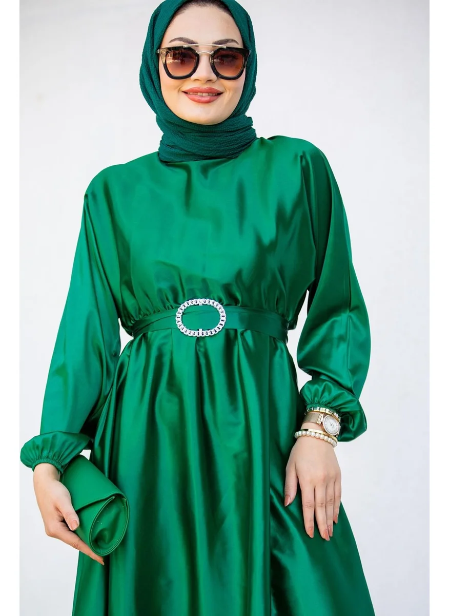 Tesettür Çarşım Hijab Bazaar Nude Satin Mevlana Hijab Evening Dress-Emerald