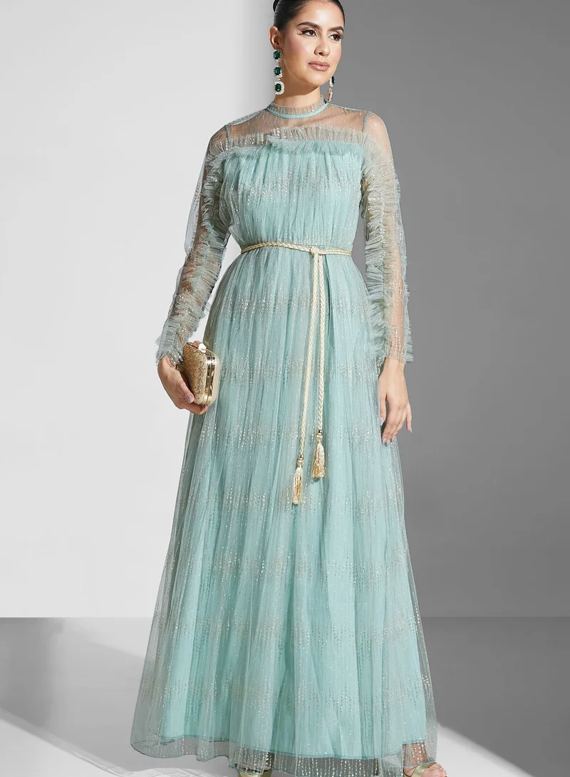 Golden Apple Embellished Belted Tiered Dress