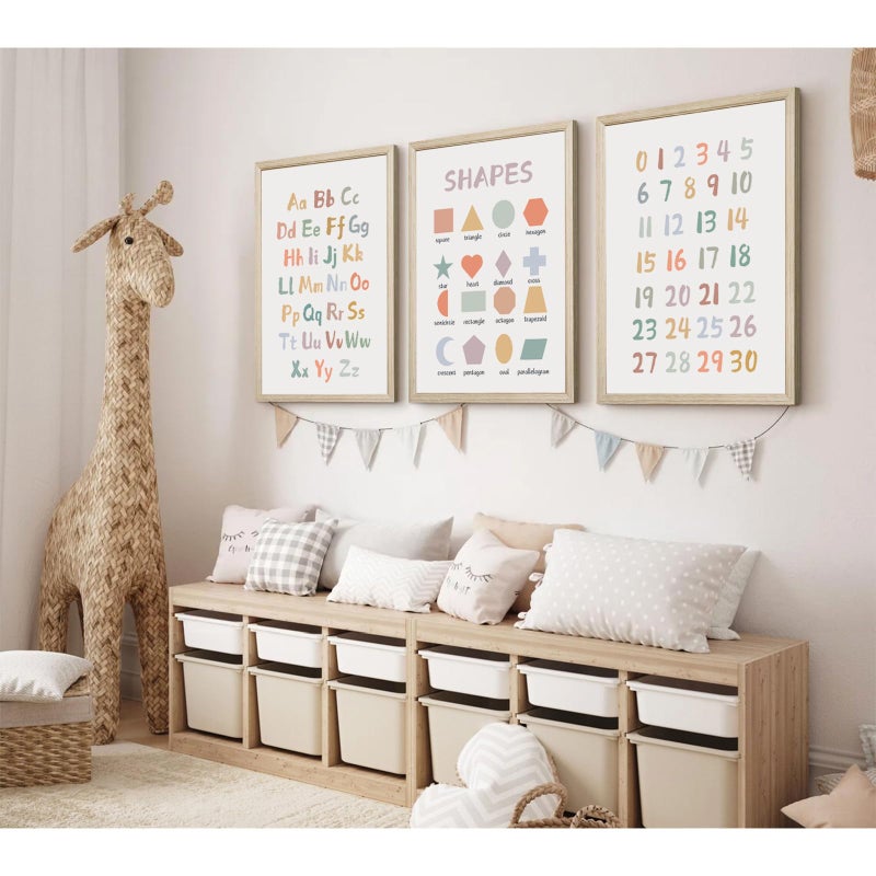 Pennclys Kids Playroom Wall Art Decor Nursery ABC Alphabet Poster Play Room Canvas Wall Decor Toddler Childrens Educational Artwork Numbers Shapes Prints ABC Picture for Playroom 12x16 Inch Framed Set of 3 - Image 3