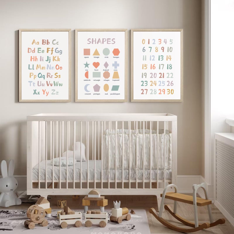 Pennclys Kids Playroom Wall Art Decor Nursery ABC Alphabet Poster Play Room Canvas Wall Decor Toddler Childrens Educational Artwork Numbers Shapes Prints ABC Picture for Playroom 12x16 Inch Framed Set of 3 - Image 4