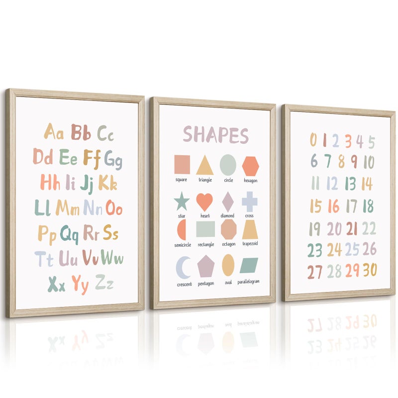 Pennclys Kids Playroom Wall Art Decor Nursery ABC Alphabet Poster Play Room Canvas Wall Decor Toddler Childrens Educational Artwork Numbers Shapes Prints ABC Picture for Playroom 12x16 Inch Framed Set of 3 - Image 1