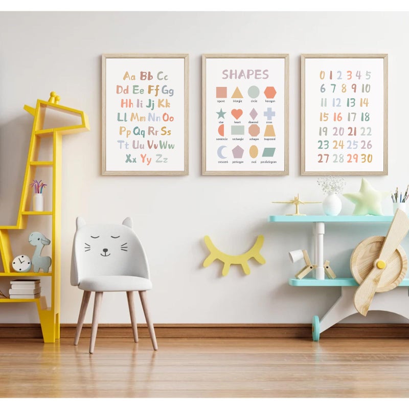 Pennclys Kids Playroom Wall Art Decor Nursery ABC Alphabet Poster Play Room Canvas Wall Decor Toddler Childrens Educational Artwork Numbers Shapes Prints ABC Picture for Playroom 12x16 Inch Framed Set of 3 - Image 5