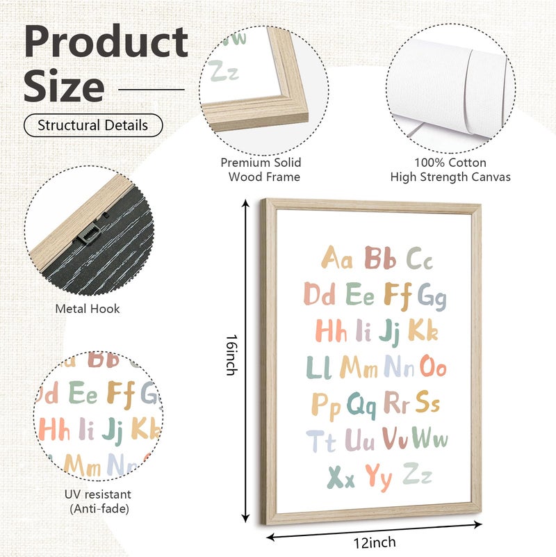 Pennclys Kids Playroom Wall Art Decor Nursery ABC Alphabet Poster Play Room Canvas Wall Decor Toddler Childrens Educational Artwork Numbers Shapes Prints ABC Picture for Playroom 12x16 Inch Framed Set of 3 - Image 2