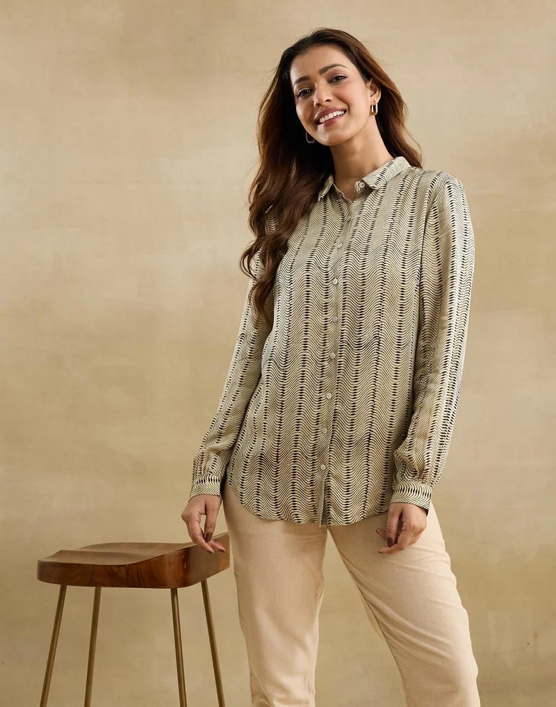 فاب انديا Offwhite Rayon Blend Bagru Printed Allure Shirt