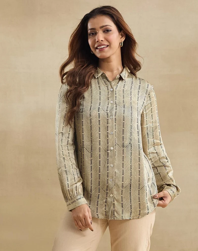 فاب انديا Offwhite Rayon Blend Bagru Printed Allure Shirt