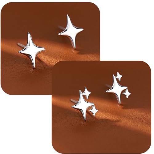 PANSHI  Sterling Silver Post Earrings Star Stud Earrings for Women Teen Trendy Hypoallergenic Small Post Pierced Studs Earrings Jewelry Gifts (2 Pairs Stars) - Image 4