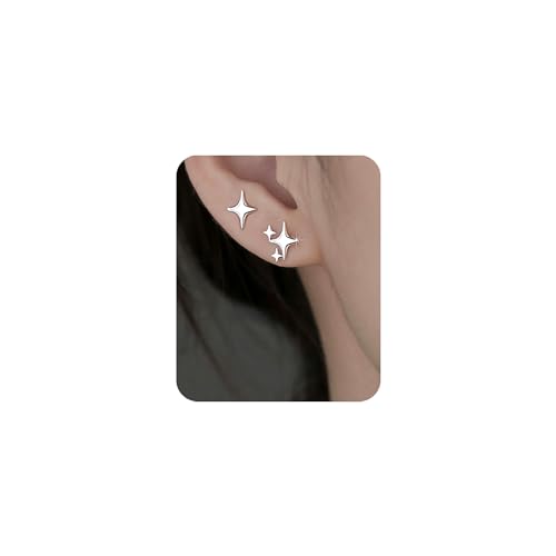 PANSHI  Sterling Silver Post Earrings Star Stud Earrings for Women Teen Trendy Hypoallergenic Small Post Pierced Studs Earrings Jewelry Gifts (2 Pairs Stars) - Image 2