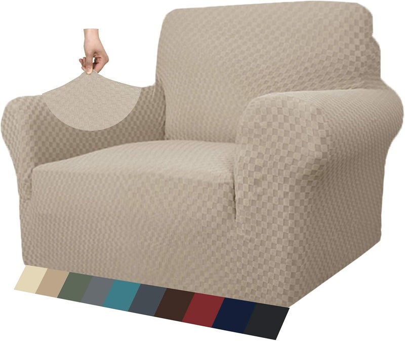 MAXIJIN Jacquard Armchair Living Room Armchair Cover Stretch for Living Room Non-Slip Chair Cover Sofa Cover 1 Seater for Dogs Pets with Anti-Slip Foam (1 Seater, Khaki) - Image 1