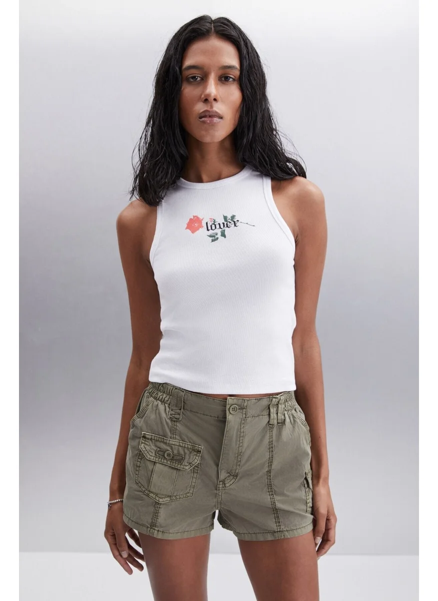 جريميلانج Terena Women's Printed Detailed Round Neck Thick Strapped Organic Cotton Knitted White Blouse