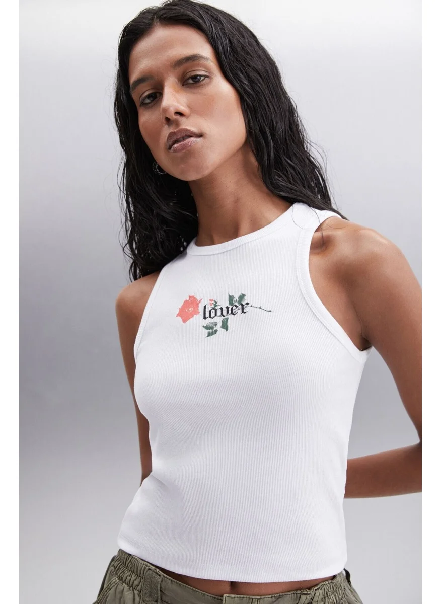 جريميلانج Terena Women's Printed Detailed Round Neck Thick Strapped Organic Cotton Knitted White Blouse
