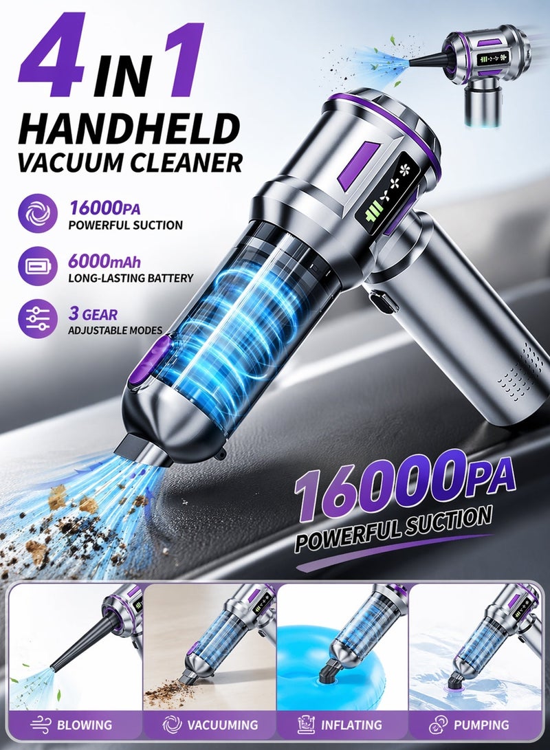 Ump 4-in-1 Handheld Vacuum Cordless, Rechargeable Mini Vacuum, 16000Pa Portable Car Vacuum Cleaner with Air Duster & Inflator Pump, 6000mAh Battery & 3-Speed Modes, Cleaner for Car Home Office - Image 2