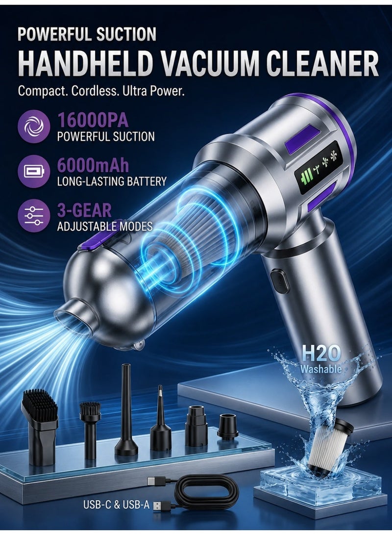 Ump 4-in-1 Handheld Vacuum Cordless, Rechargeable Mini Vacuum, 16000Pa Portable Car Vacuum Cleaner with Air Duster & Inflator Pump, 6000mAh Battery & 3-Speed Modes, Cleaner for Car Home Office - Image 1