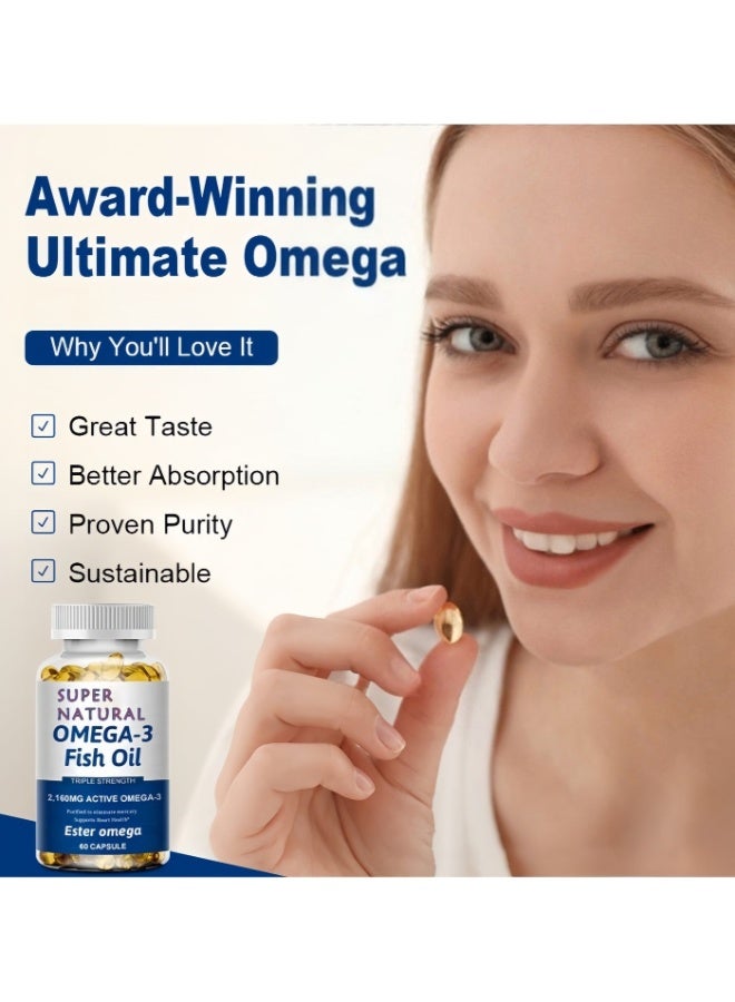 Omega Premium Omega 3 Fish Oil，triple Strength，2160 Mg， Triglyceride EPA & DHA | Heart, Brain & Joint Support，ardiovascular Support 60 Softgels Maintenance Normal Heart and Brain Function Pure Fish Oil ﻿ ﻿ - Image 4