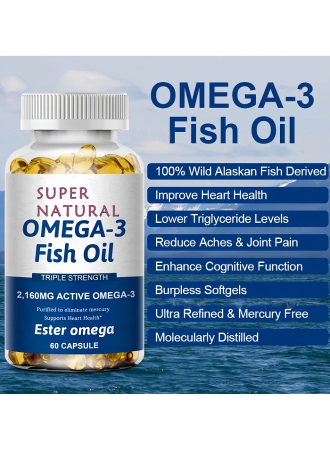 Omega Premium Omega 3 Fish Oil，triple Strength，2160 Mg， Triglyceride EPA & DHA | Heart, Brain & Joint Support，ardiovascular Support 60 Softgels Maintenance Normal Heart and Brain Function Pure Fish Oil ﻿ ﻿ - Image 3
