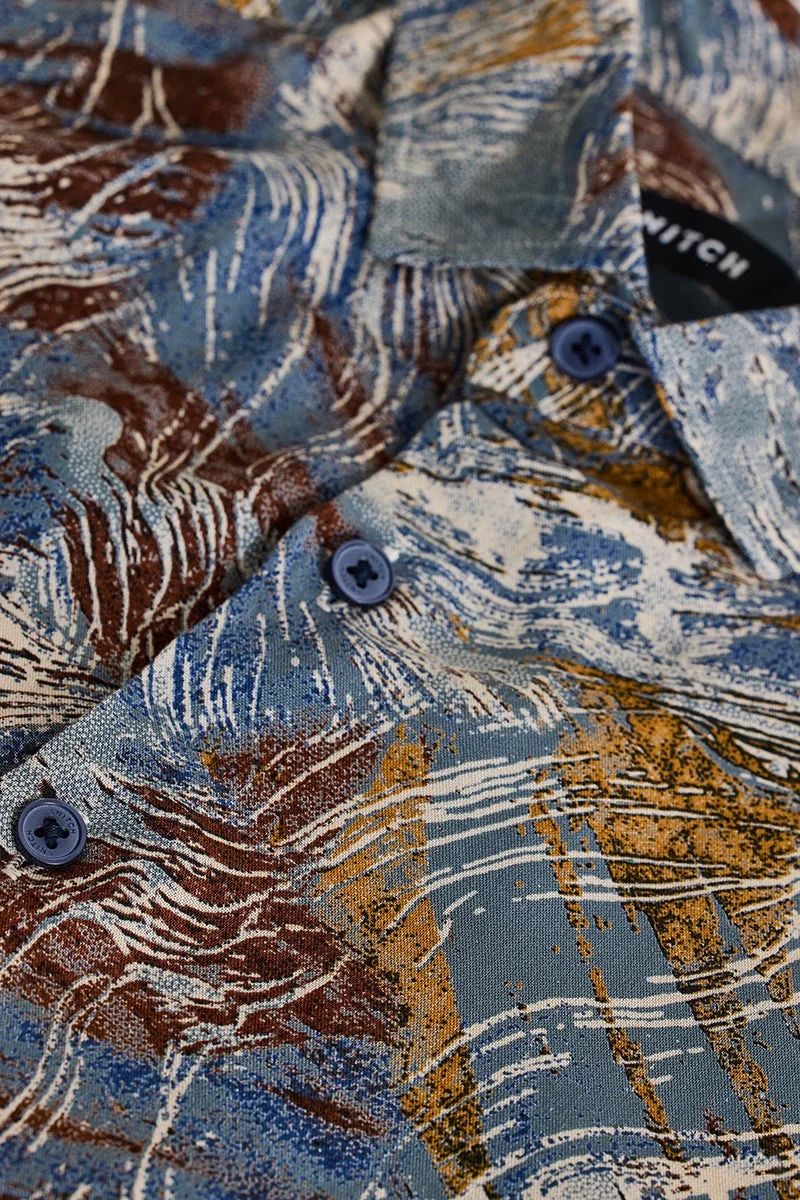 SNITCH Steel Blue Abstract Long Sleeve Slim Fit Shirt