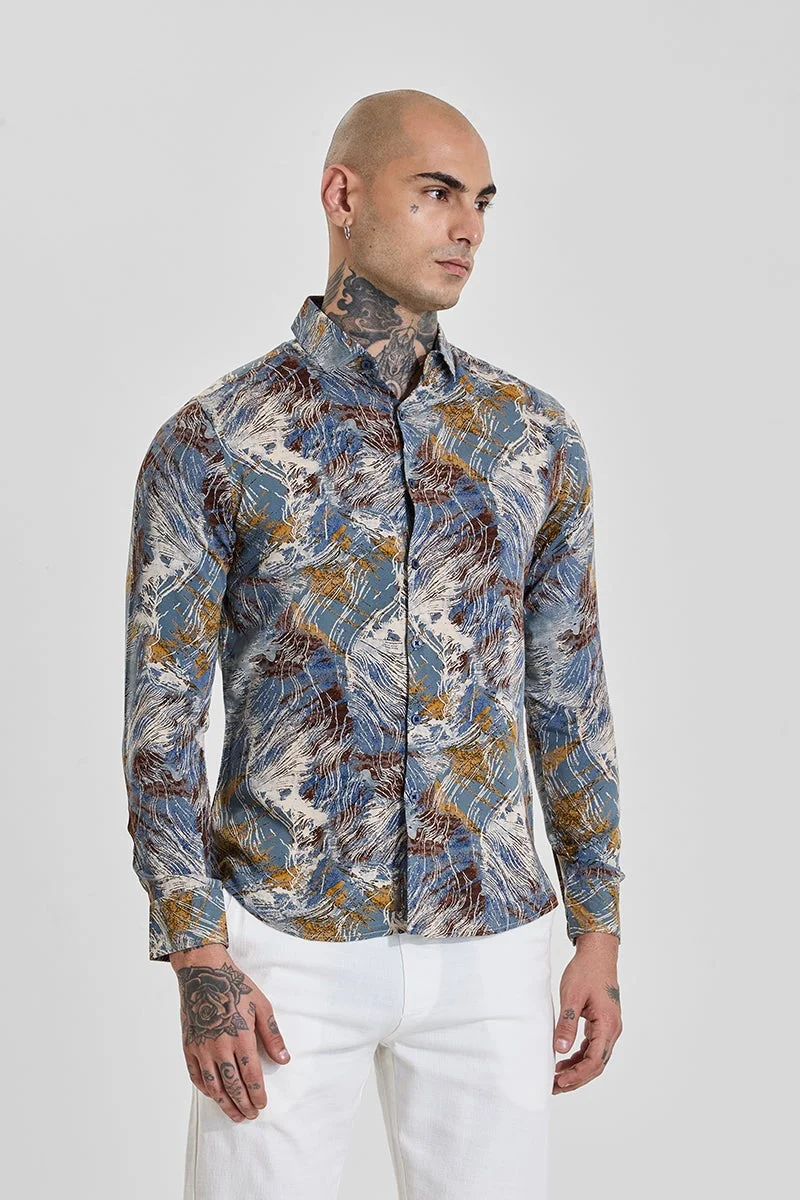 SNITCH Steel Blue Abstract Long Sleeve Slim Fit Shirt