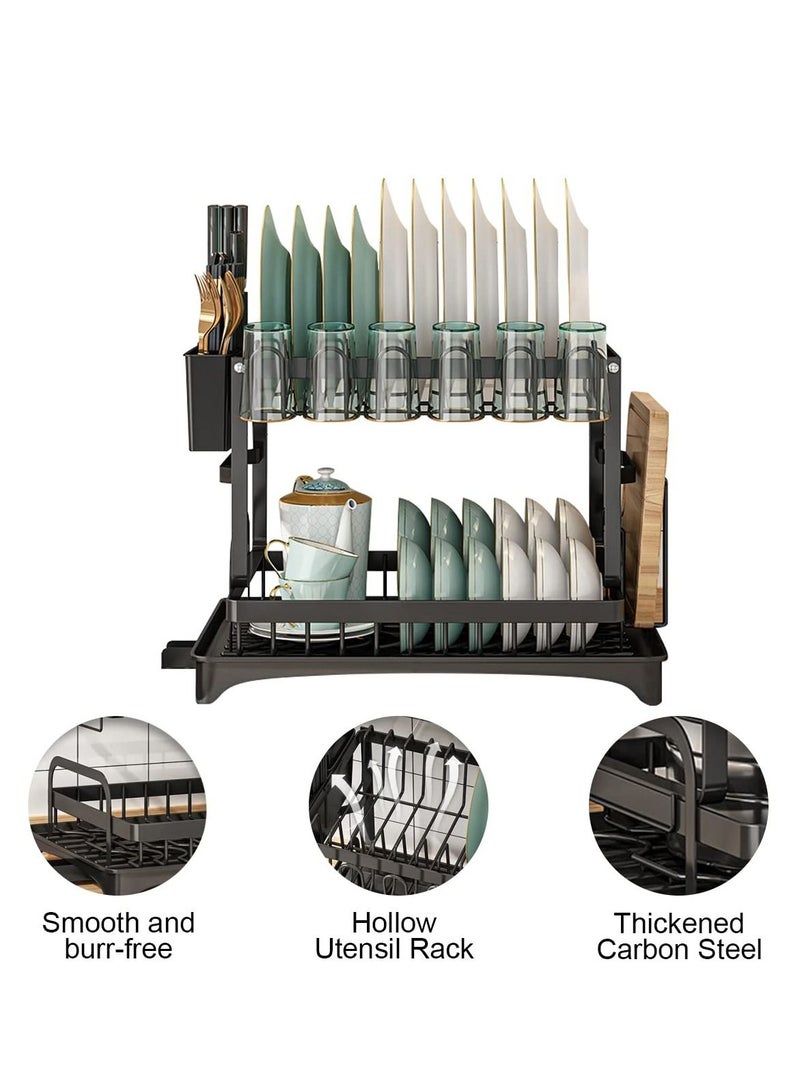 2 Tier Dish Rack Dish Drying Rack Dish Drying Stand with Utensil Holder  Cutting Board Holder and Drainboard Tray, Collapsible Rust-Resistant Dish Rack Large Capacity Dish Drainer for Kitchen