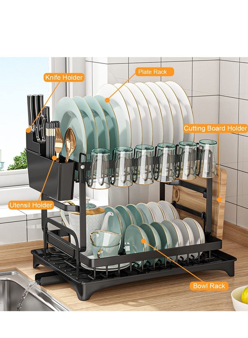 2 Tier Dish Rack Dish Drying Rack Dish Drying Stand with Utensil Holder  Cutting Board Holder and Drainboard Tray, Collapsible Rust-Resistant Dish Rack Large Capacity Dish Drainer for Kitchen