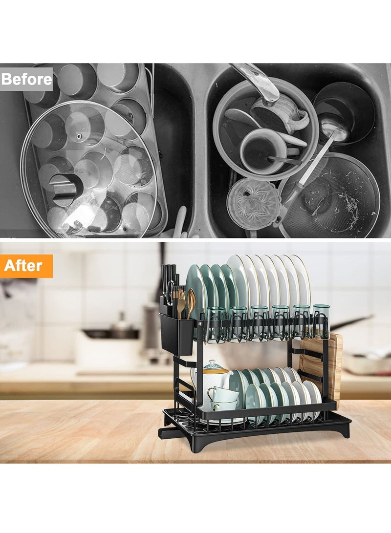 2 Tier Dish Rack Dish Drying Rack Dish Drying Stand with Utensil Holder  Cutting Board Holder and Drainboard Tray, Collapsible Rust-Resistant Dish Rack Large Capacity Dish Drainer for Kitchen
