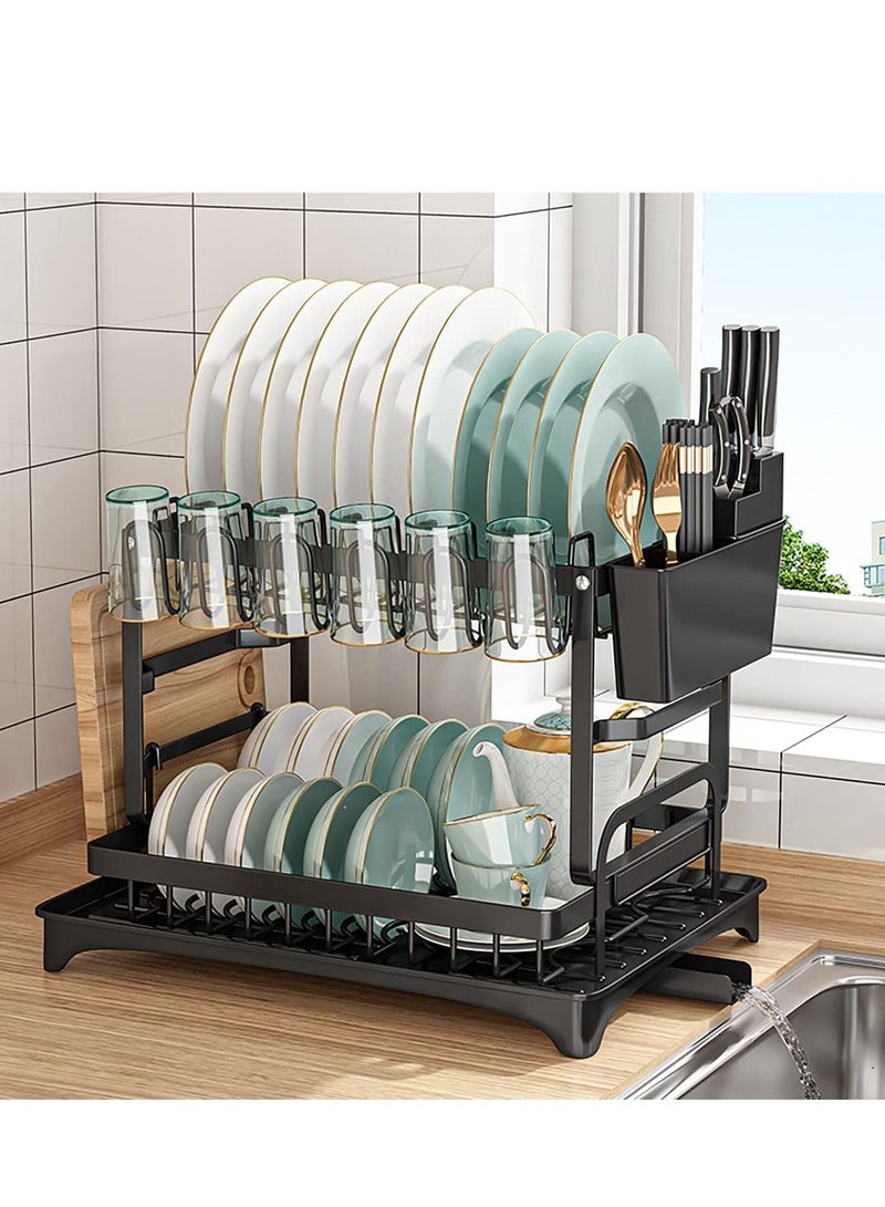 2 Tier Dish Rack Dish Drying Rack Dish Drying Stand with Utensil Holder  Cutting Board Holder and Drainboard Tray, Collapsible Rust-Resistant Dish Rack Large Capacity Dish Drainer for Kitchen