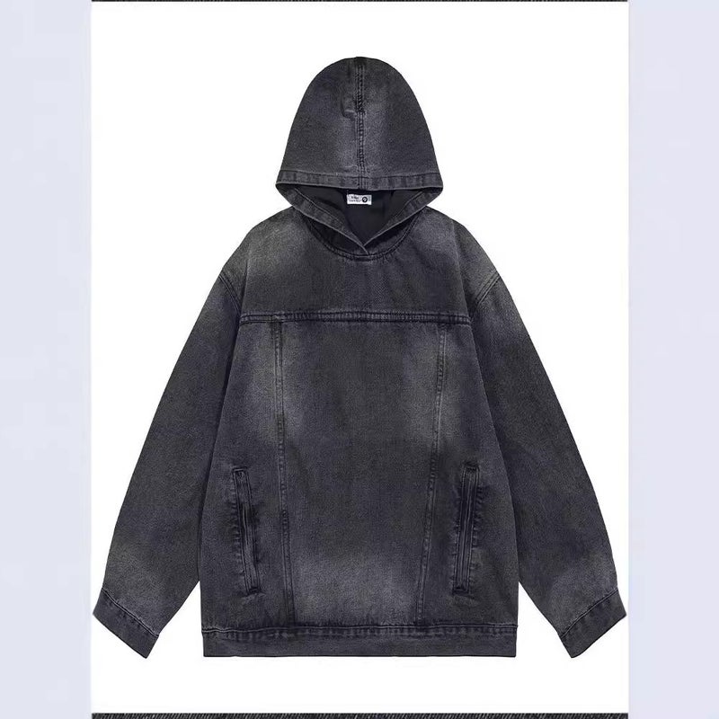 Washed Vintage Denim Hooded Loose Sweater Jacket Trendy Hooded Jacket High Street Loose Handsome Jacket for Men and Women Black - Image 5