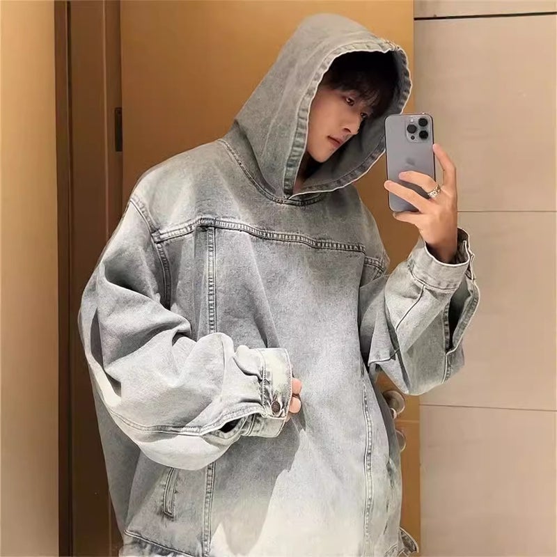 Washed Vintage Denim Hooded Loose Sweater Jacket Trendy Hooded Jacket High Street Loose Handsome Jacket for Men and Women Black - Image 3