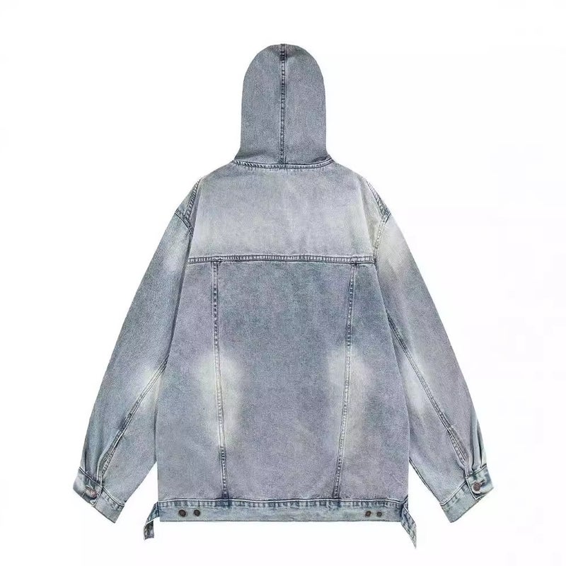 Washed Vintage Denim Hooded Loose Sweater Jacket Trendy Hooded Jacket High Street Loose Handsome Jacket for Men and Women Black - Image 4
