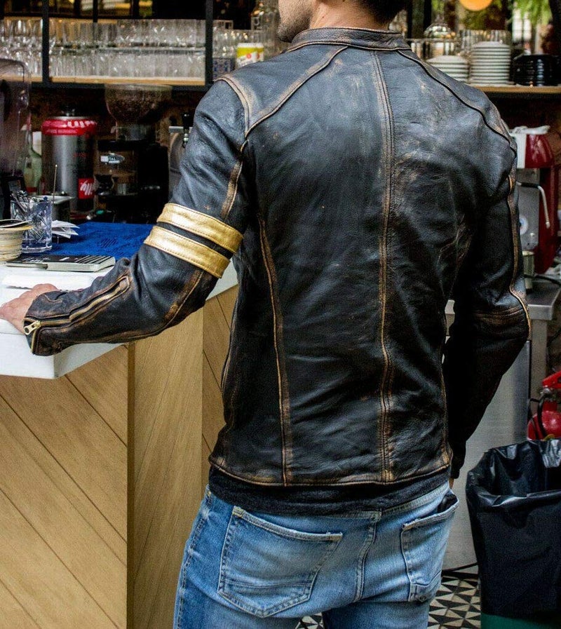 Generic NM-Fashions Mens Biker Leather Jacket Cafe Racer Retro Vintage Motorcycle Distressed Black Leather, Medium  - Image 2