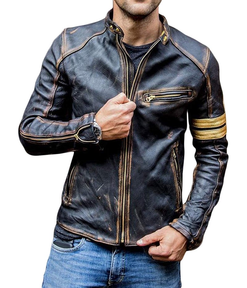 Generic NM-Fashions Mens Biker Leather Jacket Cafe Racer Retro Vintage Motorcycle Distressed Black Leather, Medium  - Image 1