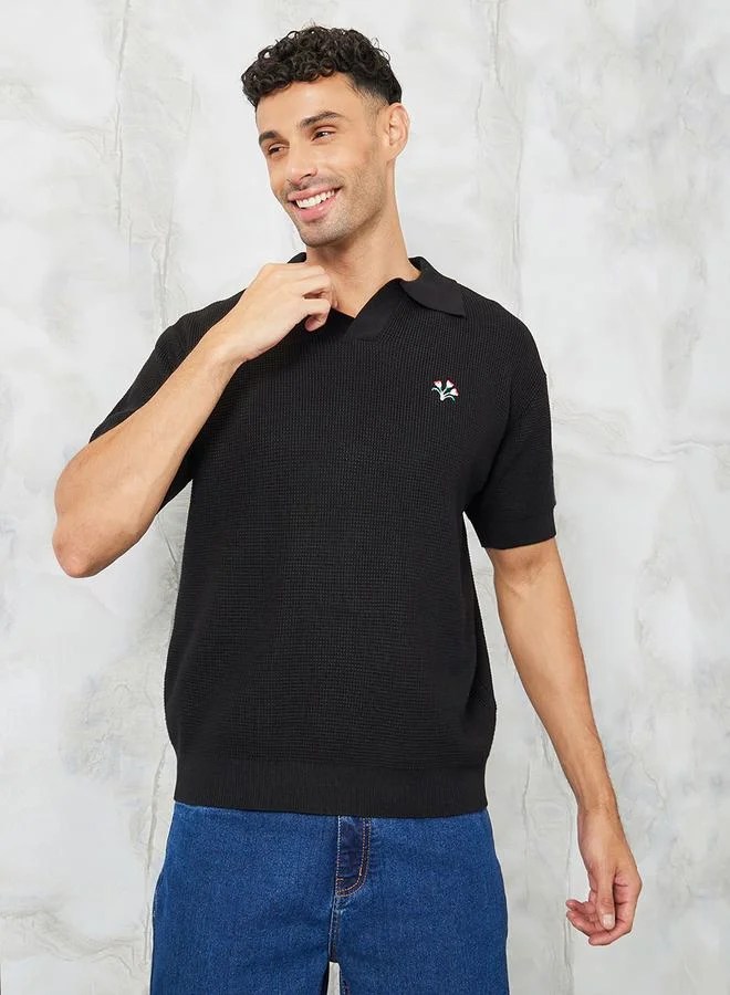 Styli Premium Textured Knit Revere Collar Relaxed Polo