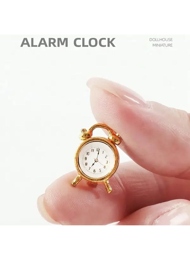 Golden Metal Alarm Clock 1 12 Scale Simulation Dollhouse Bedroom Scene Decor Model - Image 1