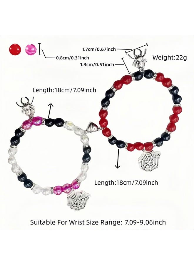 FANBODTA 2-Pack Spider Friendship Bracelets for Couples, Halloween Jewelry Gift - Stretchable Adjustable Crystal Bead Bracelet with Heart Charm, Love Promise Bracelet for Him Her Best Friend, 7.09 - Image 2
