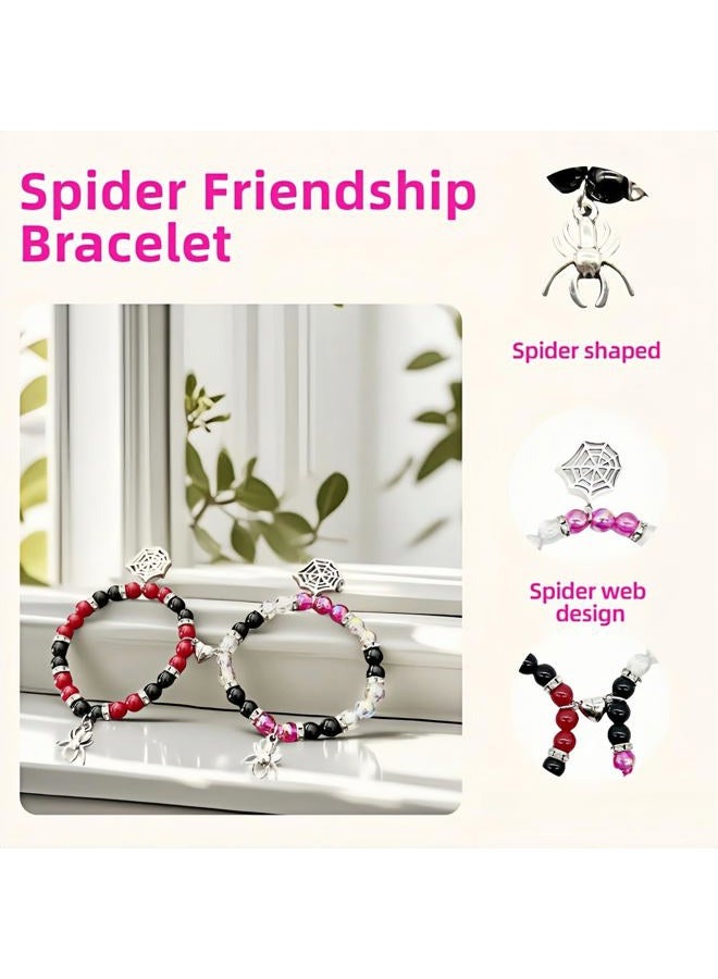 FANBODTA 2-Pack Spider Friendship Bracelets for Couples, Halloween Jewelry Gift - Stretchable Adjustable Crystal Bead Bracelet with Heart Charm, Love Promise Bracelet for Him Her Best Friend, 7.09 - Image 3