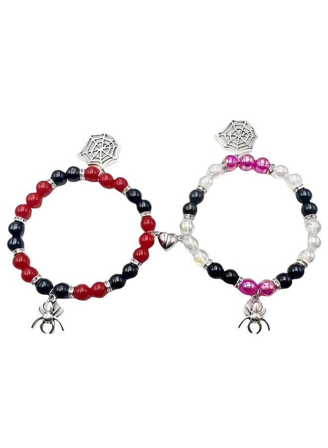 FANBODTA 2-Pack Spider Friendship Bracelets for Couples, Halloween Jewelry Gift - Stretchable Adjustable Crystal Bead Bracelet with Heart Charm, Love Promise Bracelet for Him Her Best Friend, 7.09 - Image 1