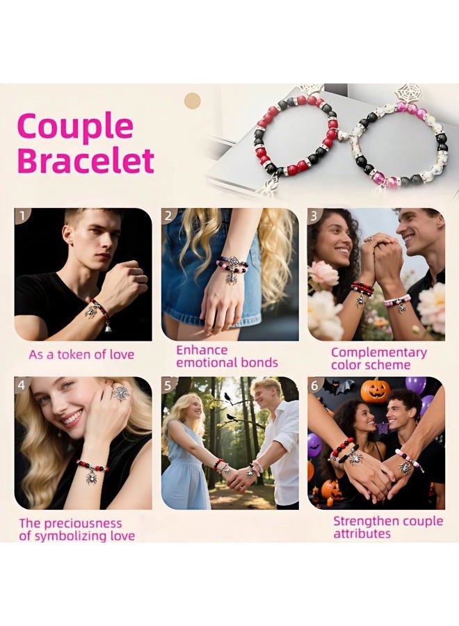 FANBODTA 2-Pack Spider Friendship Bracelets for Couples, Halloween Jewelry Gift - Stretchable Adjustable Crystal Bead Bracelet with Heart Charm, Love Promise Bracelet for Him Her Best Friend, 7.09 - Image 5