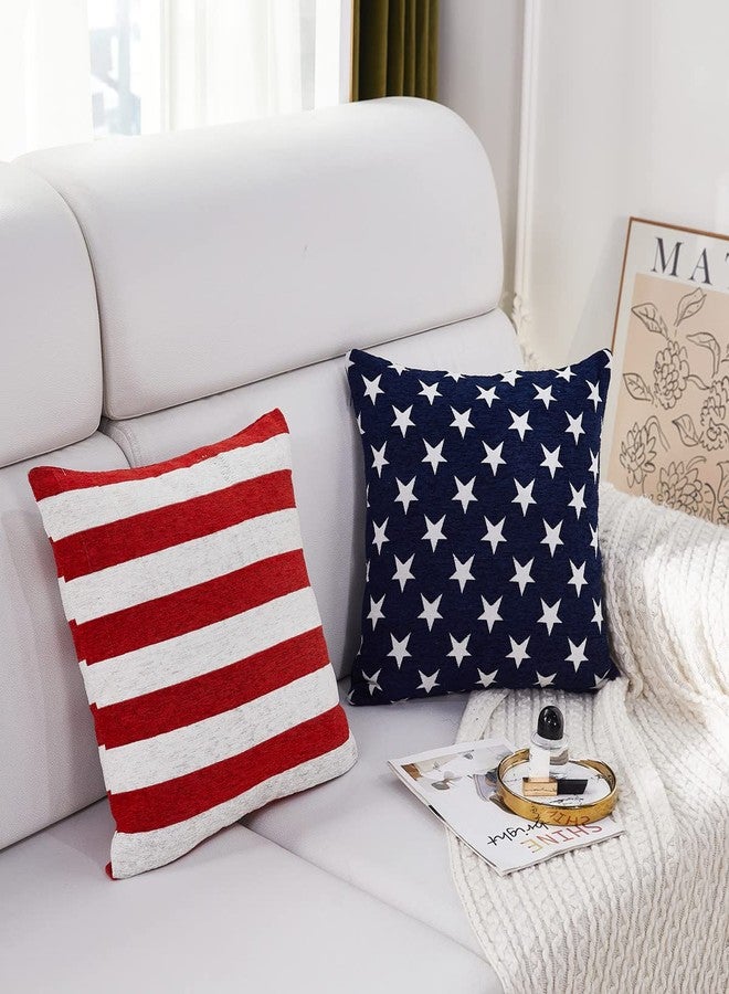 Sunday Praise Set of 2 Soft Chenille Decorative Patriotic Throw Pillow Cover Case Geometric Stars July 4th Accent Square Cushion Cover Case Sham for Couch Sofa Bed Car 18 x 18 Inch 45x45 cm (Blue) - Image 3