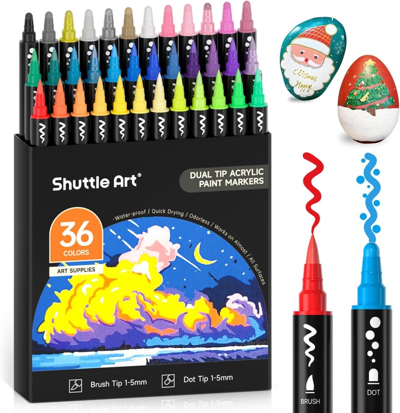 Shuttle Art Dual Tip Acrylic Paint Pens, 36 Colors Dot & Brush Markers for Rock Painting, Ceramic, Wood, Fabric, Glass - Art Set for Kids Adults on Christmas Easter - Image 1