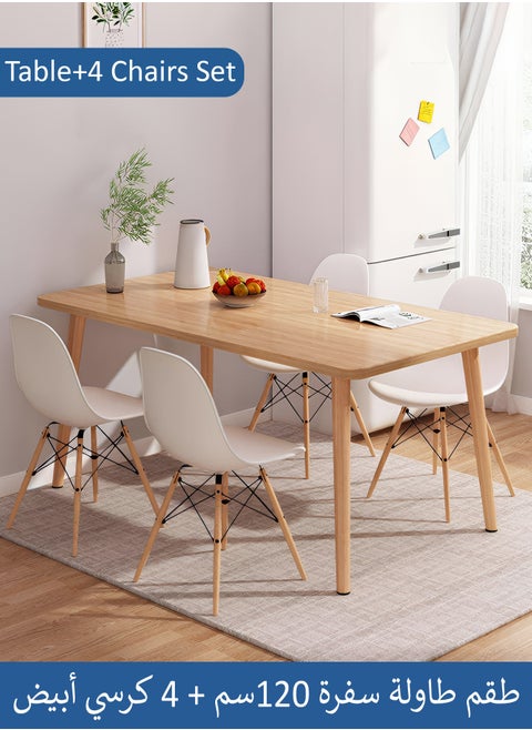 5-Piece Dining Set,Modern Rectangular Dining Table with 4 Elegant Chairs | Solid Wood Table 120x60x73cm with 4 White Plastic Chairs and Wooden Legs
