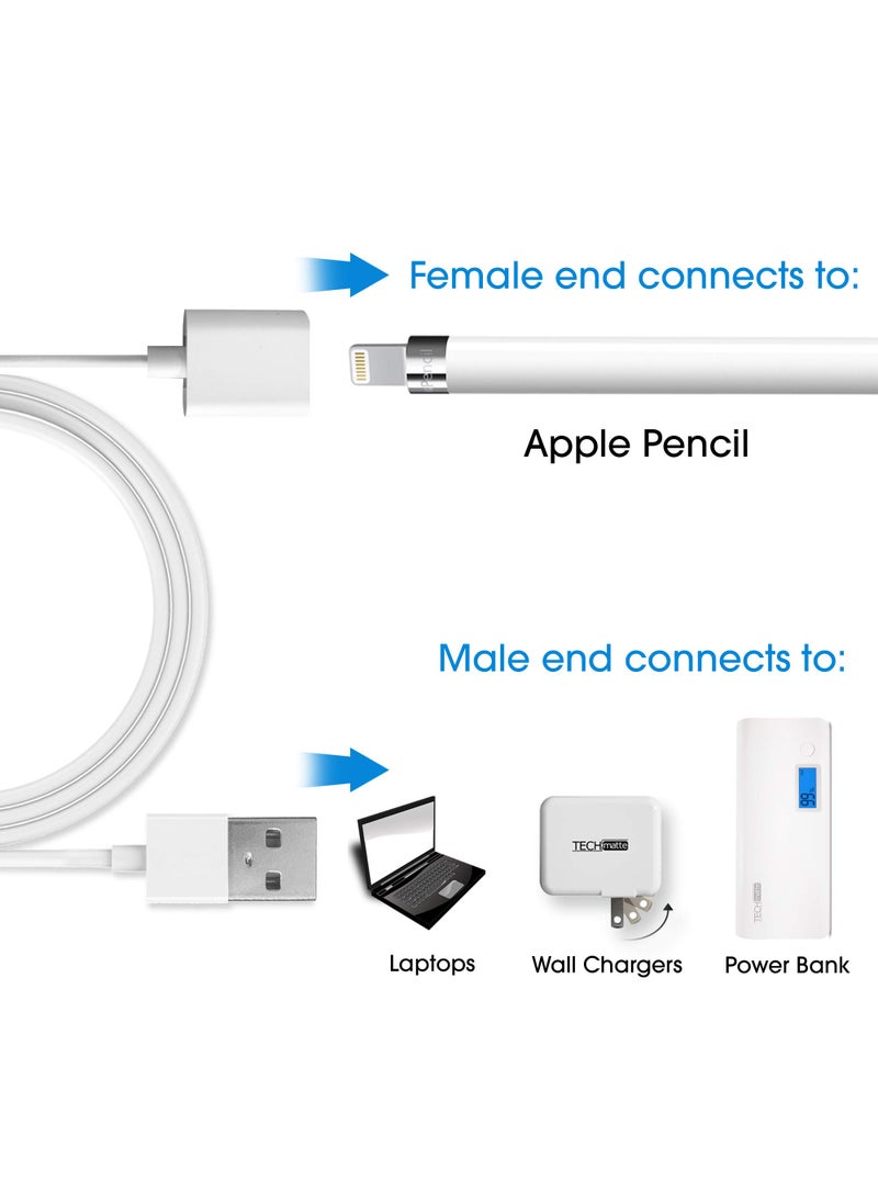 TechMatte TechMatte Charging Adapter Electronic Cable Compatible with Apple Pencil 1st Generation, Male to Female Flexible Connector, Laptop (White-3 Feet)  - Image 2