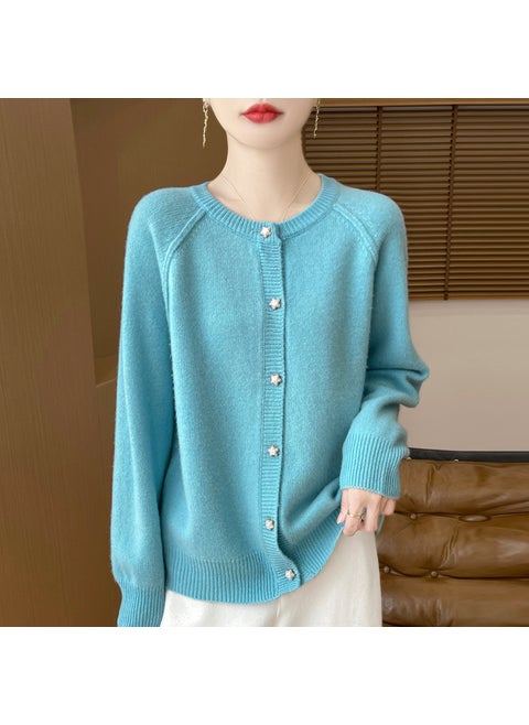 Wool Blended 2024 Autumn and Winter New Round Neck Short Solid Color Thickened Raglan Sleeve Star Button Knitted Cardigan Sweater Lake blue