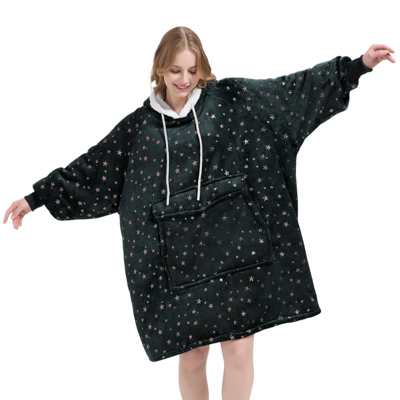 Qeils Wearable Blanket Hoodie for Women, Comfy Sherpa Sweatshirt Blanket as Birthday Christmas Gifts, Oversized Pullover Jacket Blanket Hoodie for Adult (Graphite Foil Star, Adult) - Image 1