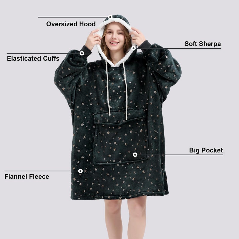 Qeils Wearable Blanket Hoodie for Women, Comfy Sherpa Sweatshirt Blanket as Birthday Christmas Gifts, Oversized Pullover Jacket Blanket Hoodie for Adult (Graphite Foil Star, Adult) - Image 3