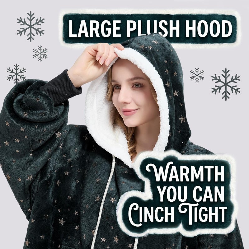 Qeils Wearable Blanket Hoodie for Women, Comfy Sherpa Sweatshirt Blanket as Birthday Christmas Gifts, Oversized Pullover Jacket Blanket Hoodie for Adult (Graphite Foil Star, Adult) - Image 2