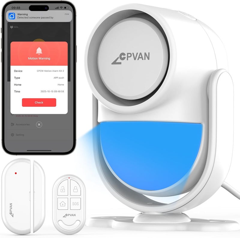 CPVAN WiFi Home Alarm System with PIR Motion Sensor - Wireless DIY Smart Alarm Set with Door/Window Sensors