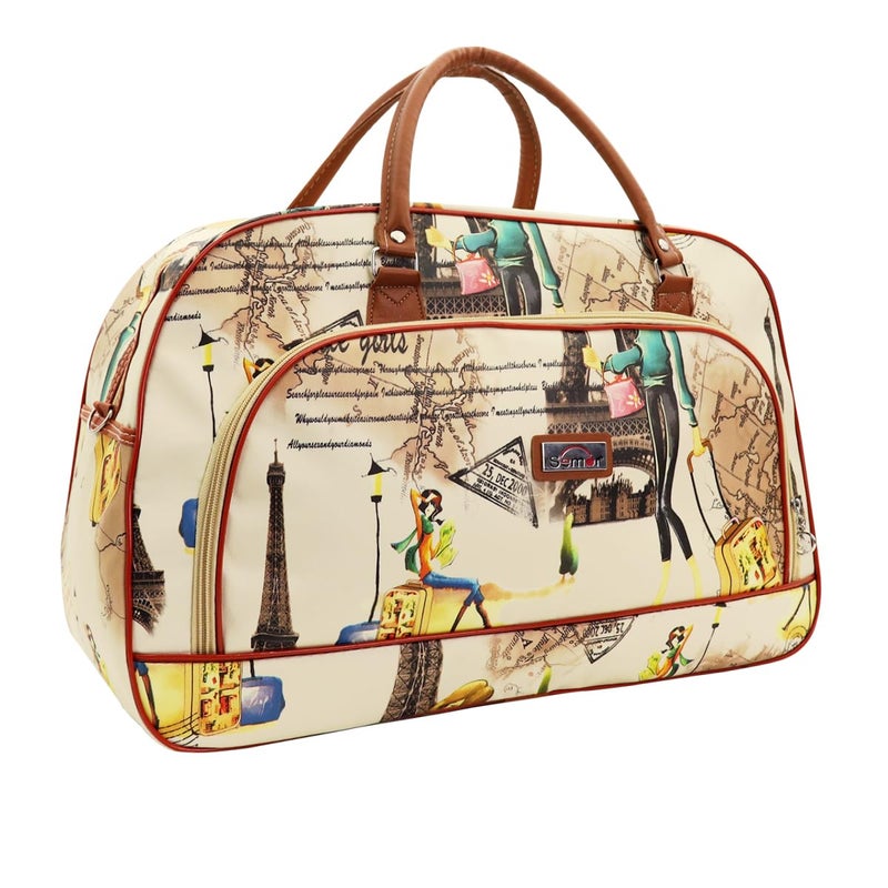 HANNEA® Duffle Bags for Women Travel Large Waterproof PU Leather Printed Shoulder Bag with Strap Round Bag for Women Travel & Office, Beige - 1 - Image 1