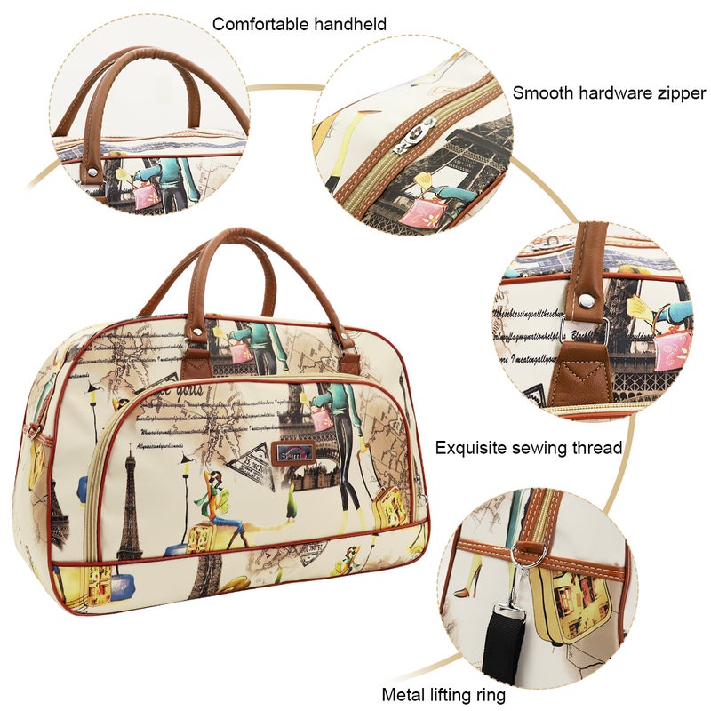HANNEA® Duffle Bags for Women Travel Large Waterproof PU Leather Printed Shoulder Bag with Strap Round Bag for Women Travel & Office, Beige - 1 - Image 3