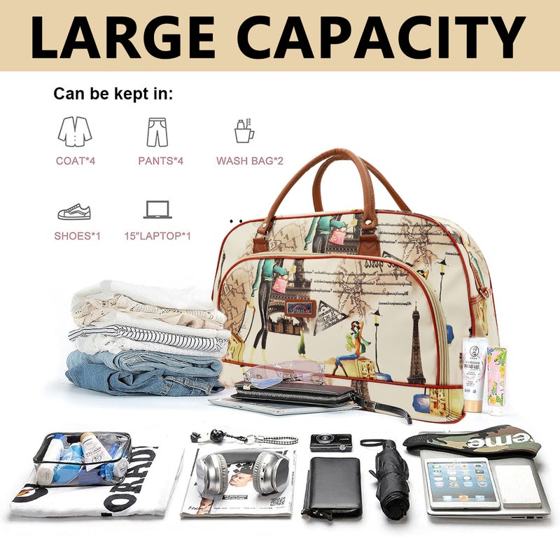 HANNEA® Duffle Bags for Women Travel Large Waterproof PU Leather Printed Shoulder Bag with Strap Round Bag for Women Travel & Office, Beige - 1 - Image 4